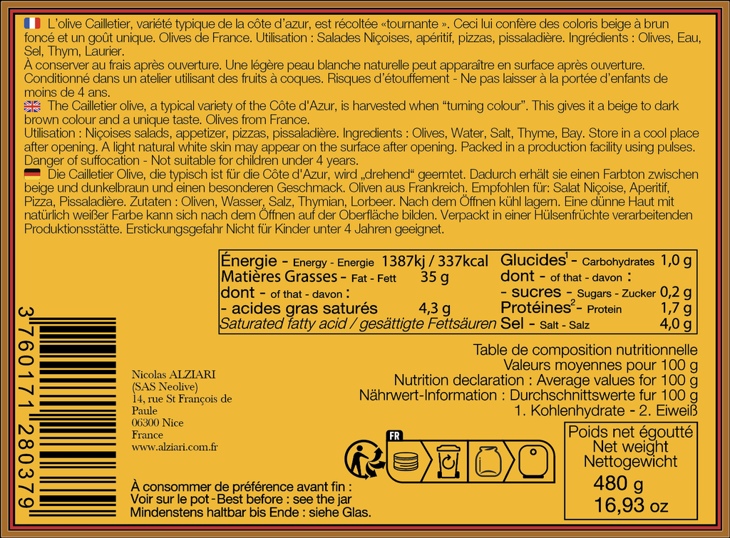 Bocal d'Olives cailletier 480g - Alziari
