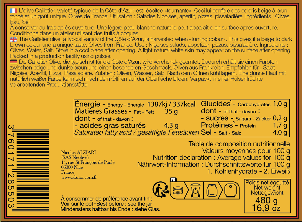 Bocal d'Olives de NICE AOP 480g - Alziari