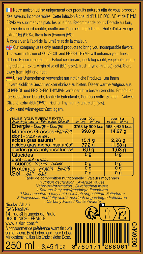 Huile d'olive infusée au THYM Frais 250 ML - Alziari