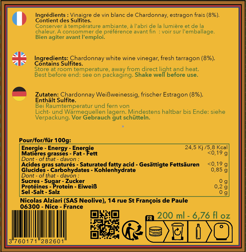 Vinaigre de vin a l'Estragon 200 ml - Alziari