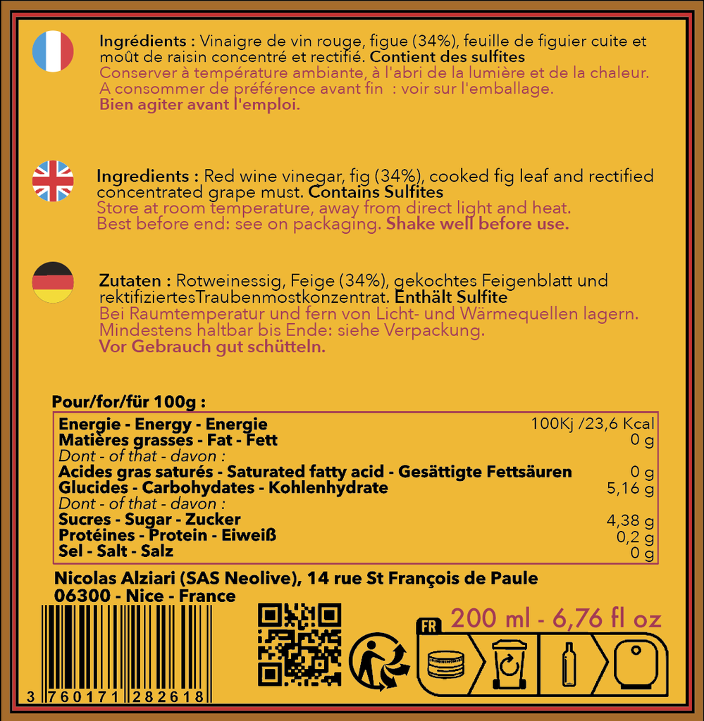 Vinaigre de vin rouge à la Figue 200 ml - Alziari