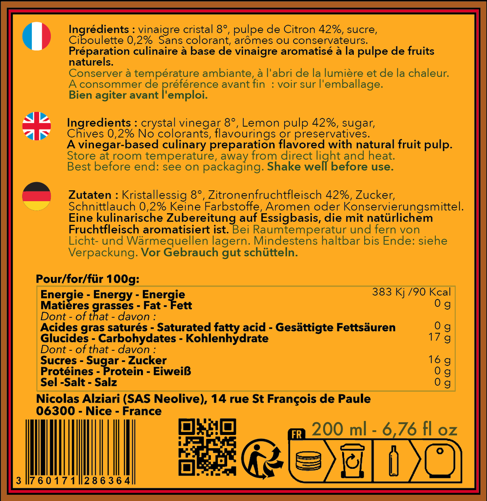 Vinaigre à la pulpe de Citron et Ciboulette 200 ml - Alziari