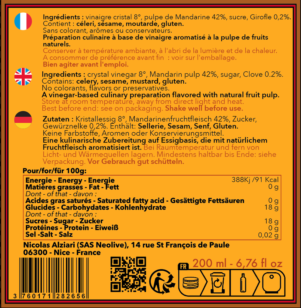 Vinaigre a la pulpe de mandarine et clous de Girofle 200 ml - Alziari