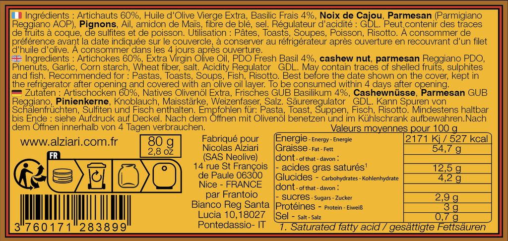 Delice Artichauts et basilic 80g - Alziari