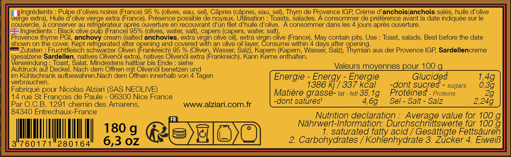 Tapenade d'olives noires 180 gr - Alziari