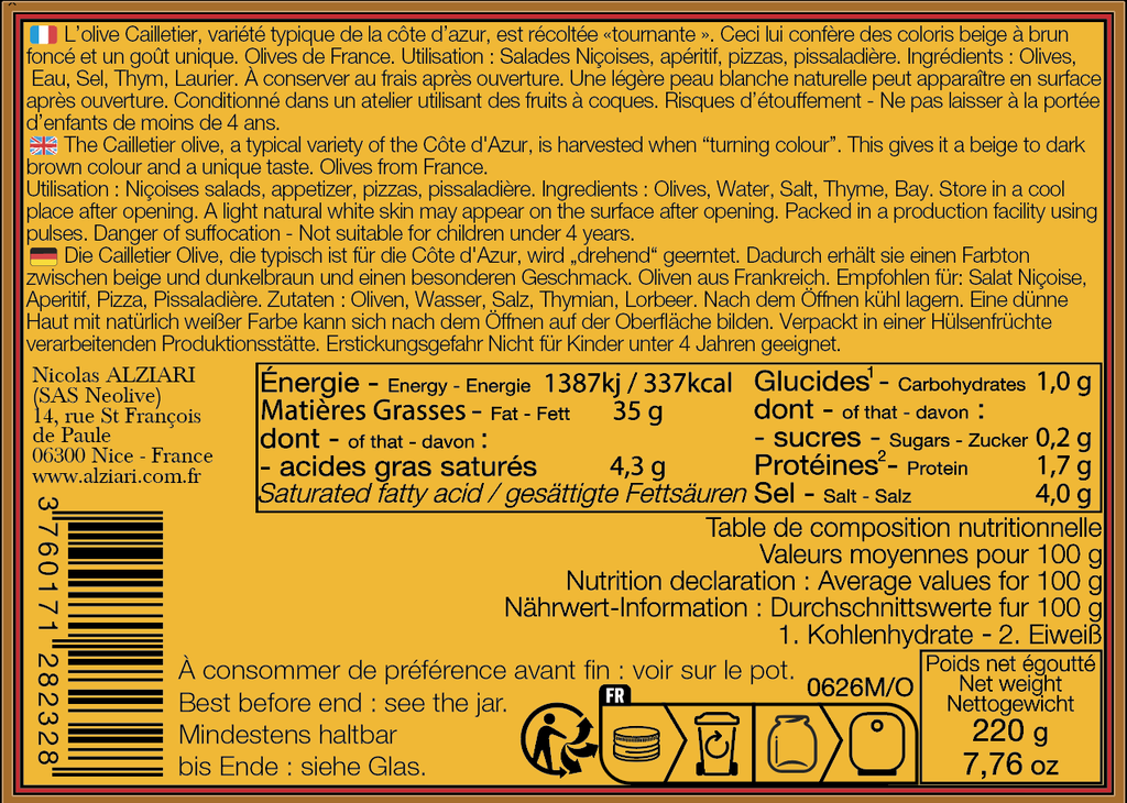 Olives cailletier 220 g (pot) - Alziari