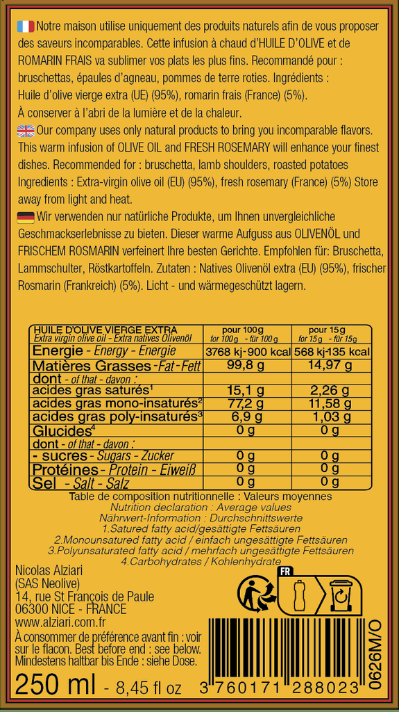 Huile d'olive infusée ROMARIN 250 ML - Alziari