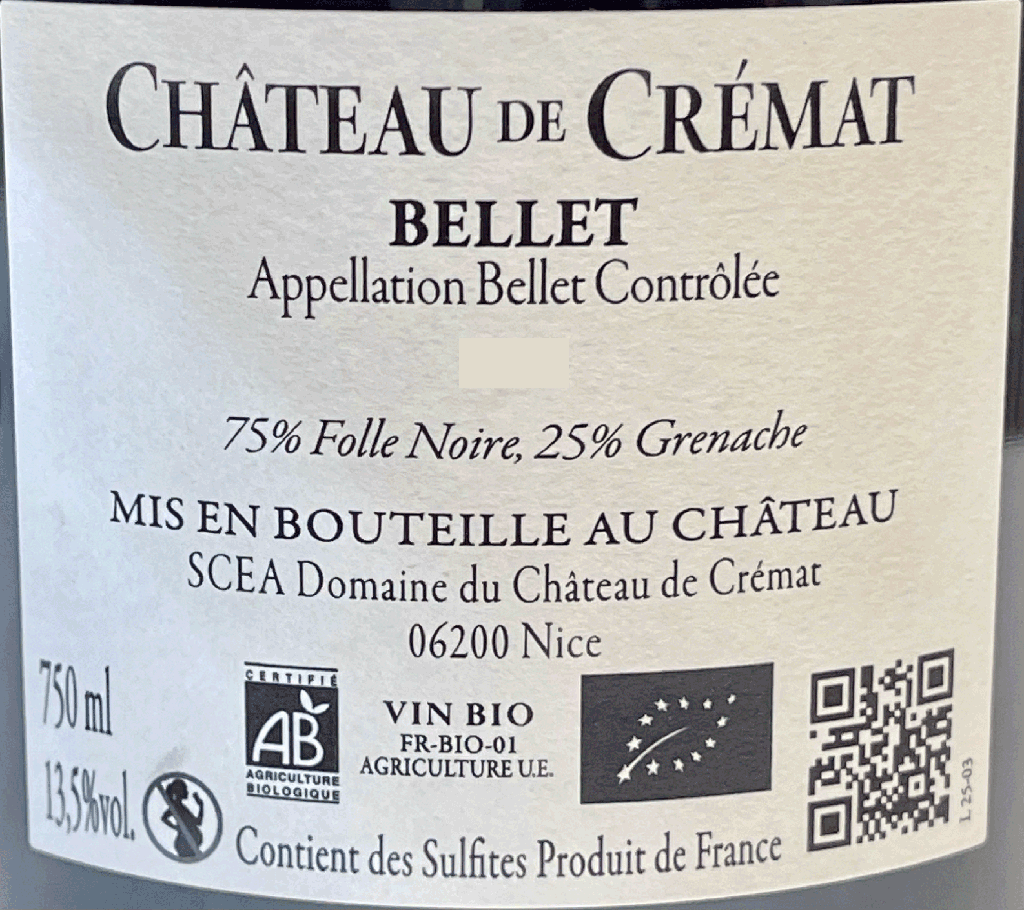 Vin Rouge AOP Bellet-Nice 75 cl Bio* - Crémat