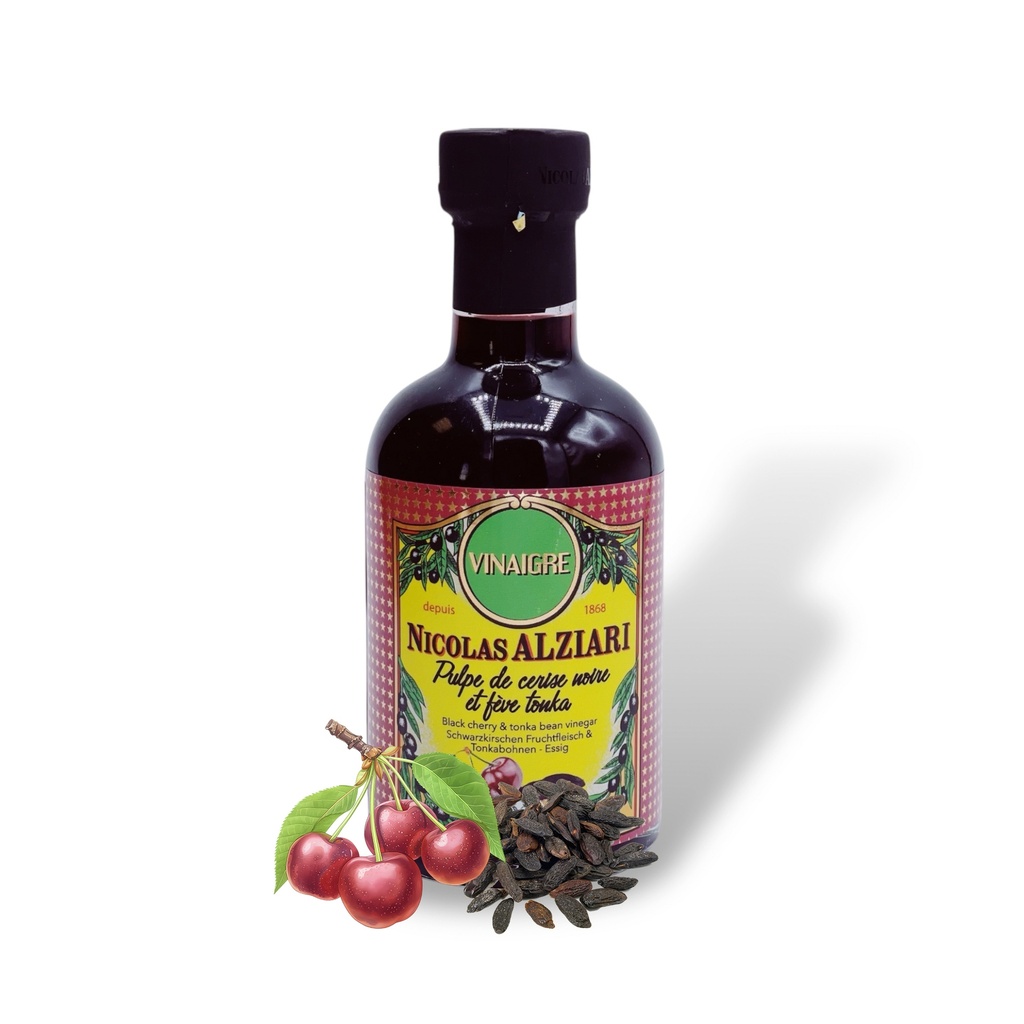 200 ml Flasche Schwarzkirschen Fruchtfleisch & Tonkabohnen - Essig  