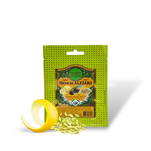 [5026] Olives Cailletier citron Fenouil 60 g en sachet - Alziari