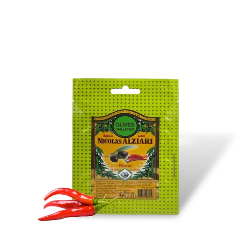[5025] 60g Tüte CAILLETIER Oliven mit Peperoni - Alziari