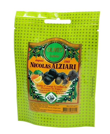 [4915] 60g sachet Cailletier olives with olive oil, orange peel, herbs of Provence - Alziari