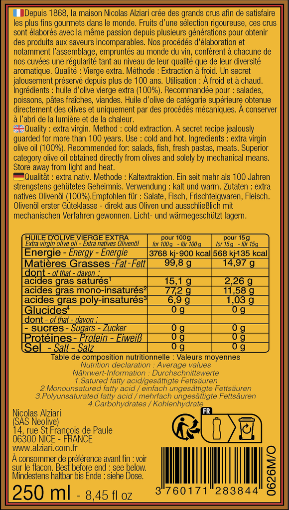 Bidon 250 ml huile d'olive cuvée Prestige - Alziari