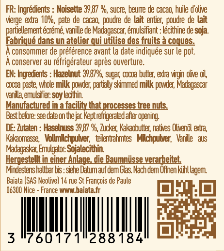 Pâte à tartiner: "Chocolat au lait" 210 g - Baiata