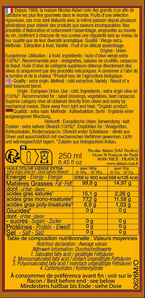 Bidon 250 ml huile d'olive cuvée PAULINE BIO- collection BELLE EPOQUE* - Alziari