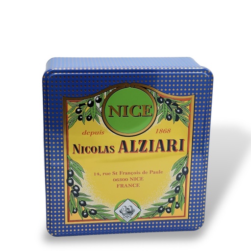 [4497] Metal cake box with "alziari" print (24 x 22 x 9 cm)